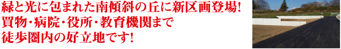 緑と光に包まれた南傾斜の丘に新区画登場!買物・病院・役所・教育機関まで徒歩圏内の好立地です!